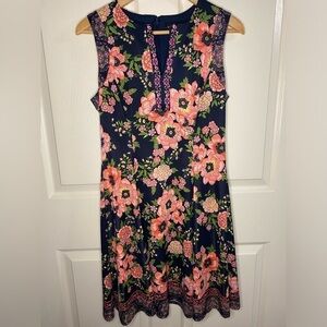 Liz Claiborne Navy Blue and Pink Floral Print Fit and Flare Midi Dress